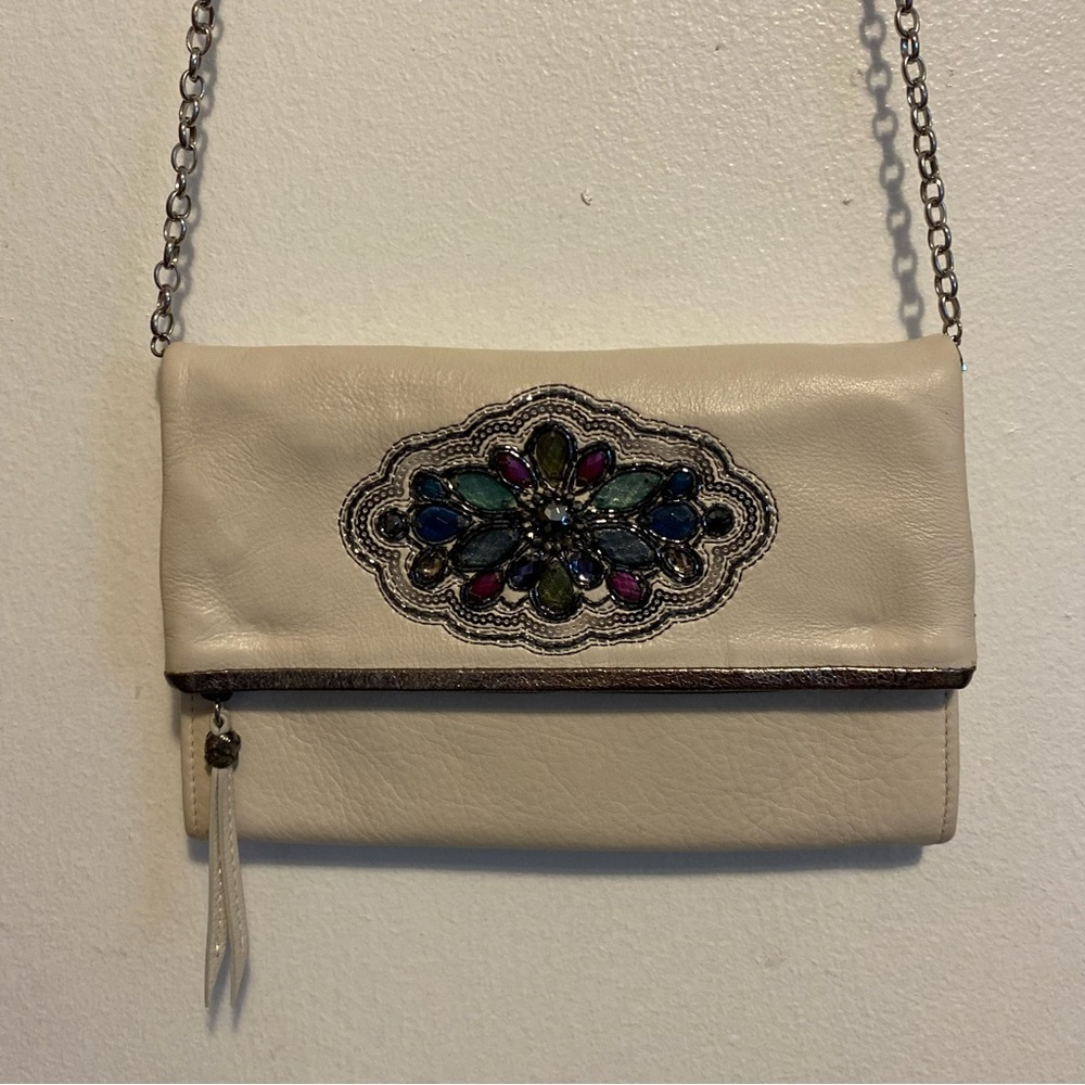 Brighton Cream Foldover Clutch with Ornate Embellishment Crossbody Purse